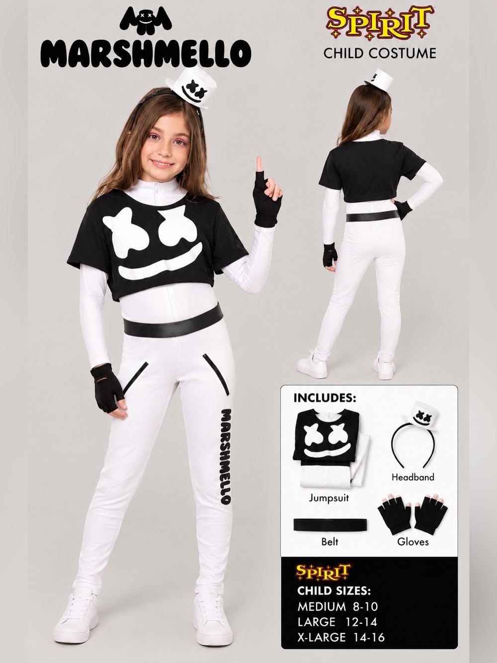 Spirit Marshmello Child Costume Set M 8-10 White/Black Polyester Jumpsuit Gloves